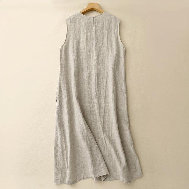 Buddha Stones Casual Daily Sleeveless Irregular Design Cotton Linen Midi Dress With Pockets