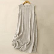 Buddha Stones Casual Daily Sleeveless Irregular Design Cotton Linen Midi Dress With Pockets