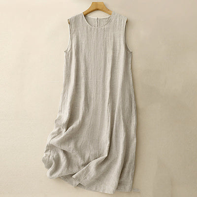 Buddha Stones Casual Daily Sleeveless Irregular Design Cotton Linen Midi Dress With Pockets
