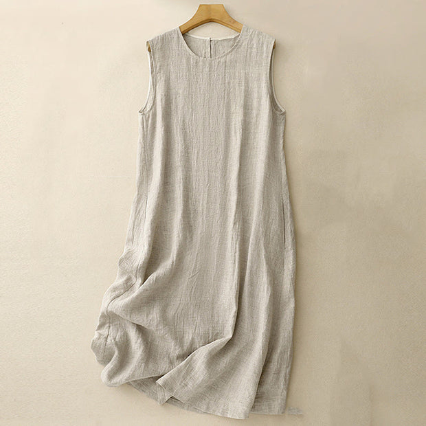 Buddha Stones Casual Daily Sleeveless Irregular Design Cotton Linen Midi Dress With Pockets