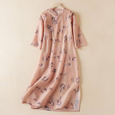 Buddha Stones Summer Vintage Printing Floral Slanted Button Stand Collar Design Half Sleeve Cotton Cheongsam Midi Dress With Pockets