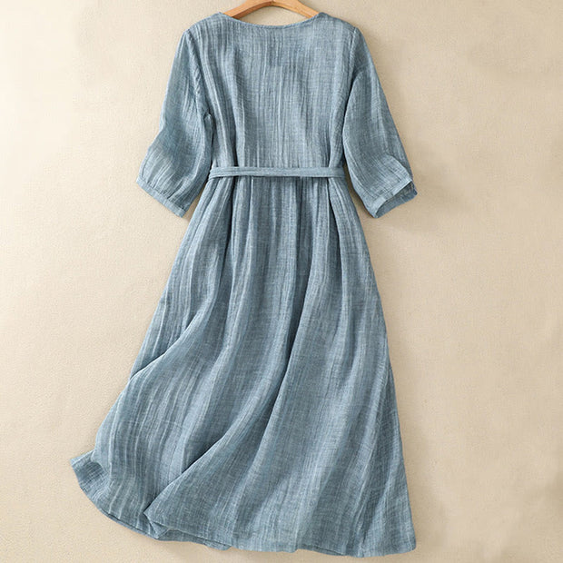 Buddha Stones Summer Artistic Solid Color Pleat Lace-Up Design Half Sleeve Cotton Linen Maxi Dress