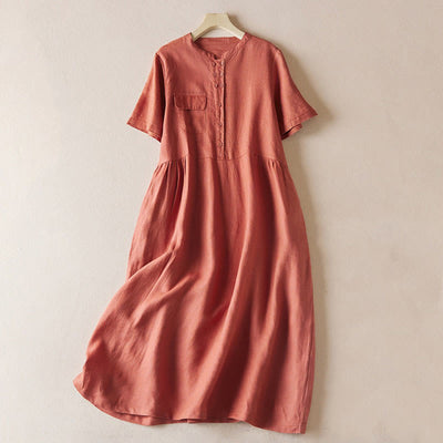 Buddha Stones Summer Vintage Solid Color Stand Collar Button Design Short Sleeve Cotton Linen Maxi Dress With Pockets