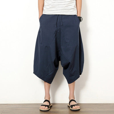 Buddha Stones Spring Plain Simple Patchwork Design Drawstring Cotton Linen Men's 7-8 Length Wide Leg Pants With Pockets