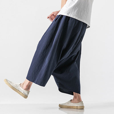 Buddha Stones Casual Low Crotch Design Drawstring Men's 7-8 Length Cotton Linen Wide Leg Pants With Pockets