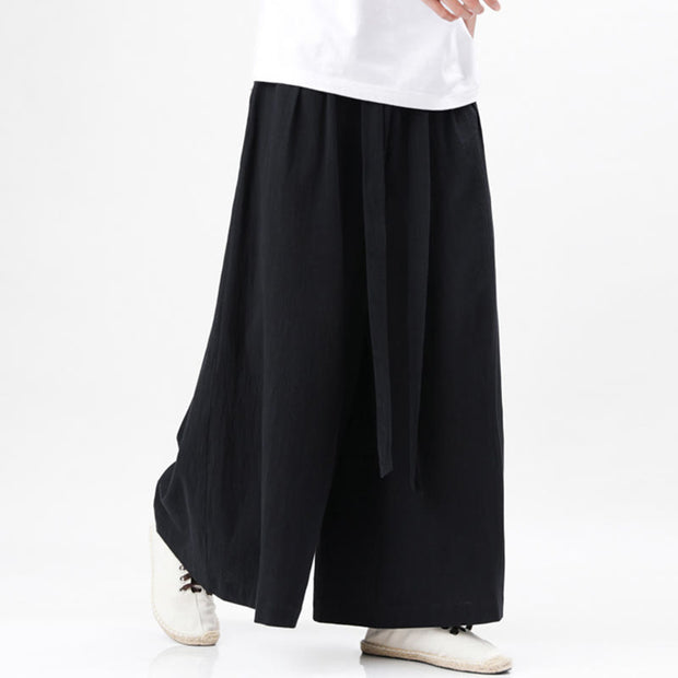 Buddha Stones Spring Casual Sports Drawstring Design Men's Cotton Linen Wide Leg Pants With Pockets