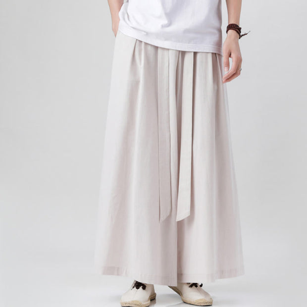 Buddha Stones Spring Casual Sports Drawstring Design Men's Cotton Linen Wide Leg Pants With Pockets