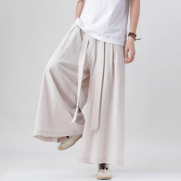 Buddha Stones Spring Casual Sports Drawstring Design Men's Cotton Linen Wide Leg Pants With Pockets