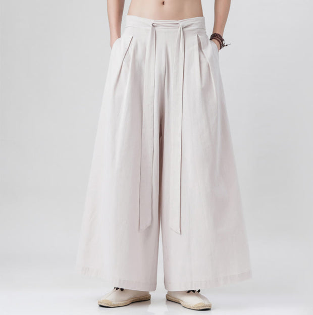 Buddha Stones Spring Casual Sports Drawstring Design Men's Cotton Linen Wide Leg Pants With Pockets