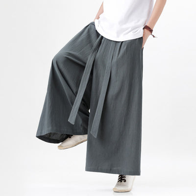 Buddha Stones Spring Casual Sports Drawstring Design Men's Cotton Linen Wide Leg Pants With Pockets