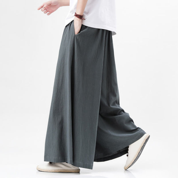 Buddha Stones Spring Casual Sports Drawstring Design Men's Cotton Linen Wide Leg Pants With Pockets