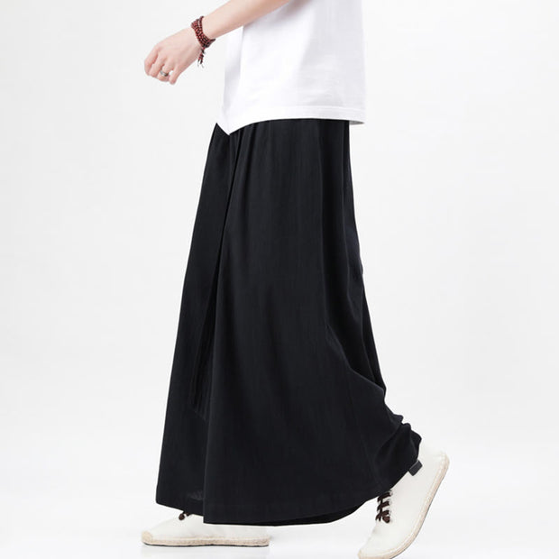 Buddha Stones Spring Casual Sports Drawstring Design Men's Cotton Linen Wide Leg Pants With Pockets