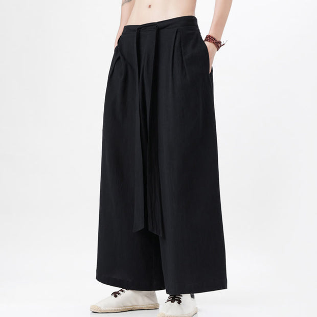 Buddha Stones Spring Casual Sports Drawstring Design Men's Cotton Linen Wide Leg Pants With Pockets