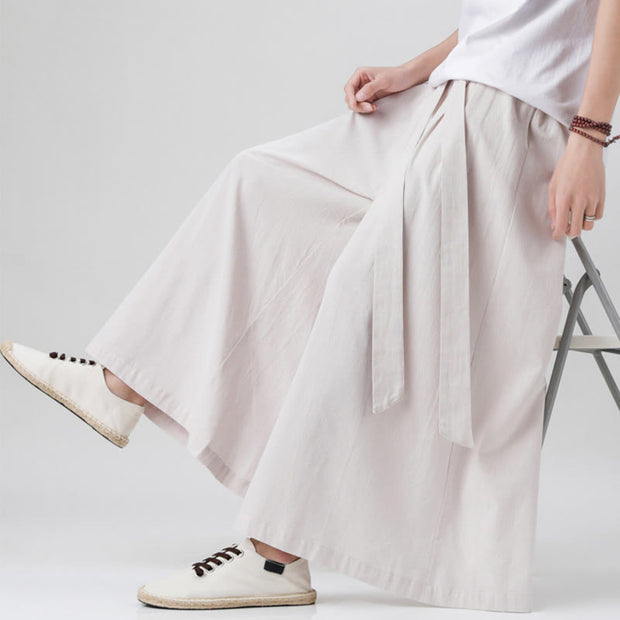Buddha Stones Spring Casual Sports Drawstring Design Men's Cotton Linen Wide Leg Pants With Pockets