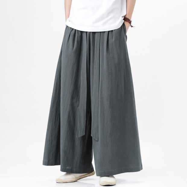 Buddha Stones Spring Casual Sports Drawstring Design Men's Cotton Linen Wide Leg Pants With Pockets