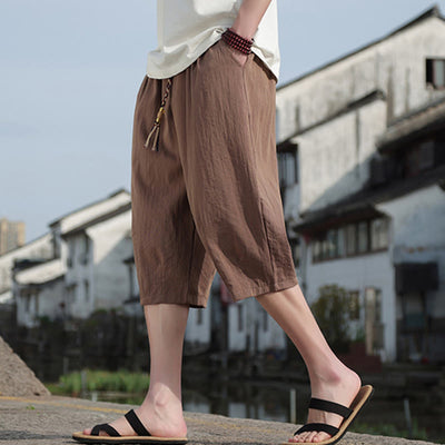 Buddha Stones Spring Casual Pure Color Drawstring Simple Design Men's Cropped Pants With Pockets