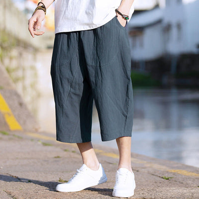 Buddha Stones Summer Plain Pleat Design Drawstring Men's 7-8 Length Cotton Linen Pants With Pockets