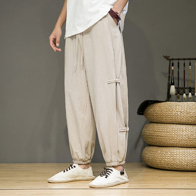 Buddha Stones Summer Vintage Drawstring Chinese Frog-Button Design Men's Cotton Linen Harem Pants With Pockets