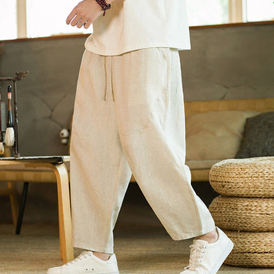 Buddha Stones Casual Retro Solid Color Simple Design Drawstring Men's Linen Elastic Waistband Harem Pants With Pockets