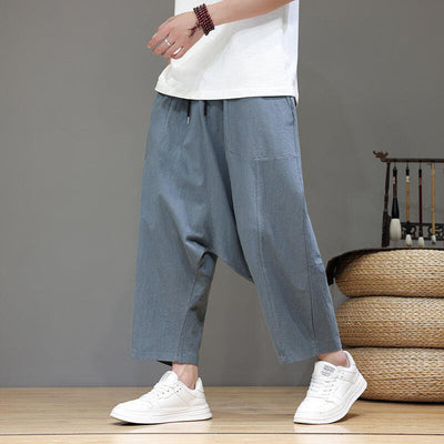 Buddha Stones Casual Plain Low Crotch Design Drawstring Men's Cotton Elastic Waistband Wide Leg Pants With Pockets