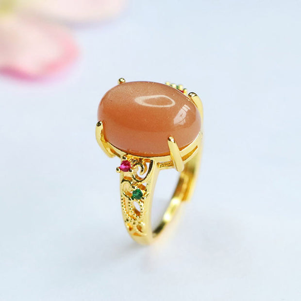 Buddha Stones Hollow Vine Design Peach Moonstone Adjustable Happiness Ring