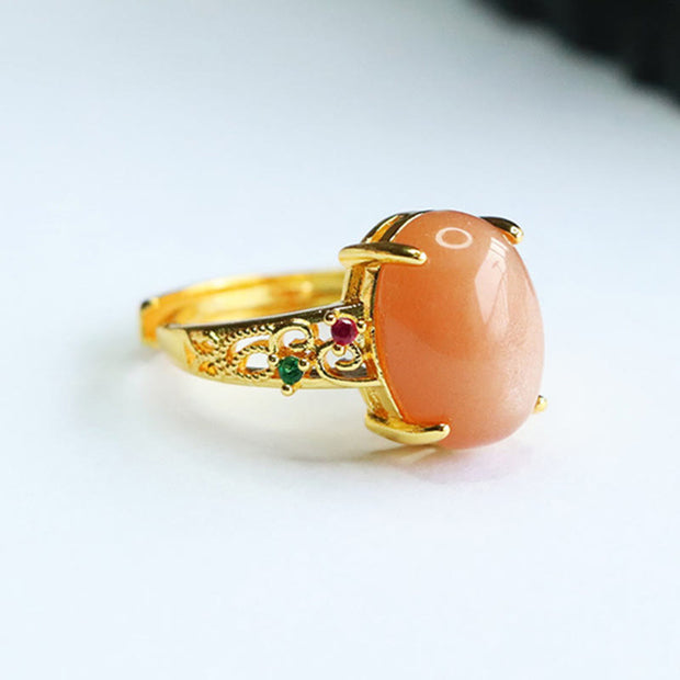 Buddha Stones Hollow Vine Design Peach Moonstone Adjustable Happiness Ring