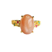 Buddha Stones Hollow Vine Design Peach Moonstone Adjustable Happiness Ring