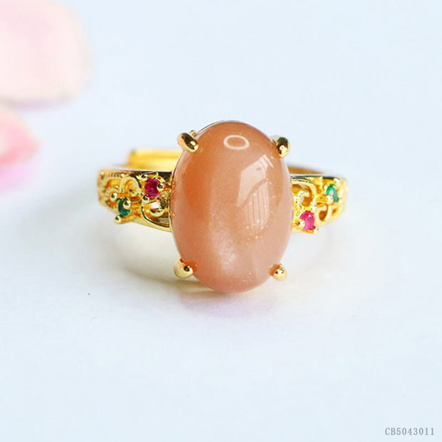 Buddha Stones Hollow Vine Design Peach Moonstone Adjustable Happiness Ring