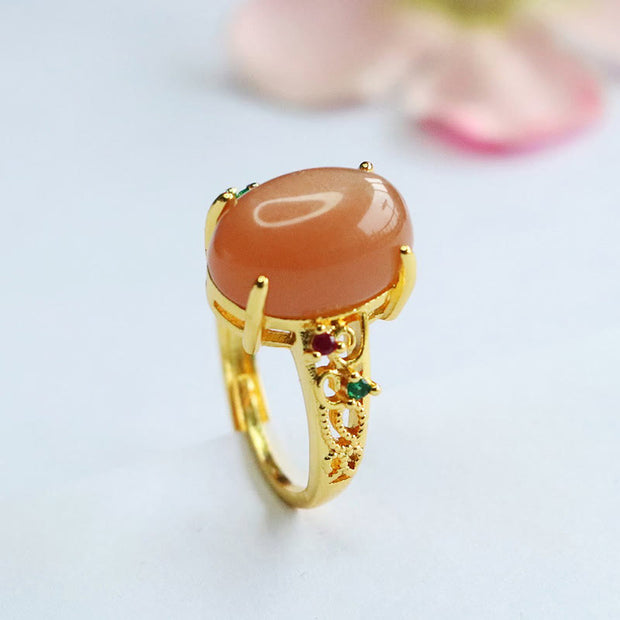 Buddha Stones Hollow Vine Design Peach Moonstone Adjustable Happiness Ring