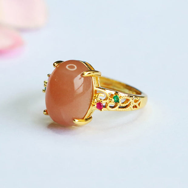 Buddha Stones Hollow Vine Design Peach Moonstone Adjustable Happiness Ring