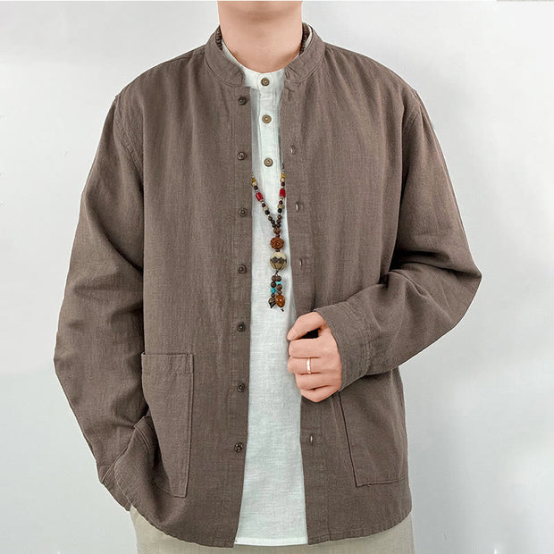 Buddha Stones Casual Solid Color Ramie Linen Cotton Men's Shirt With Pockets