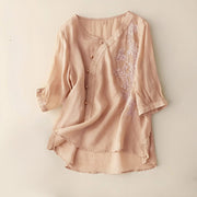 Buddha Stones Casual Loose Flower Embroidery Frog Button Short Sleeve Cotton Linen Women's Shirt
