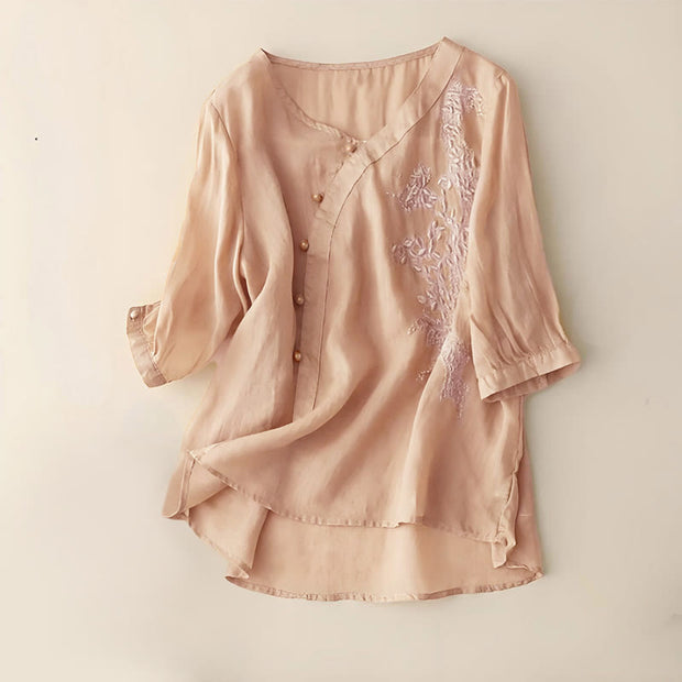 Buddha Stones Casual Loose Flower Embroidery Frog Button Short Sleeve Cotton Linen Women's Shirt