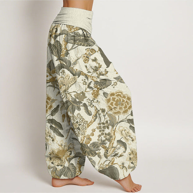 Buddha Stones Pure Cotton Lotus Leaf Peony Pattern Women's Elastic Waist Harem Pants