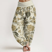 Buddha Stones Pure Cotton Lotus Leaf Peony Pattern Women's Elastic Waist Harem Pants