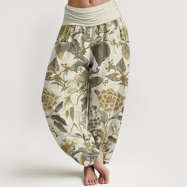 Buddha Stones Pure Cotton Lotus Leaf Peony Pattern Women's Elastic Waist Harem Pants