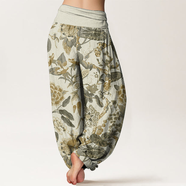 Buddha Stones Pure Cotton Lotus Leaf Peony Pattern Women's Elastic Waist Harem Pants