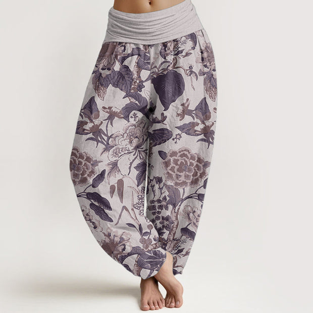 Buddha Stones Pure Cotton Lotus Leaf Peony Pattern Women's Elastic Waist Harem Pants