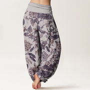 Buddha Stones Pure Cotton Lotus Leaf Peony Pattern Women's Elastic Waist Harem Pants