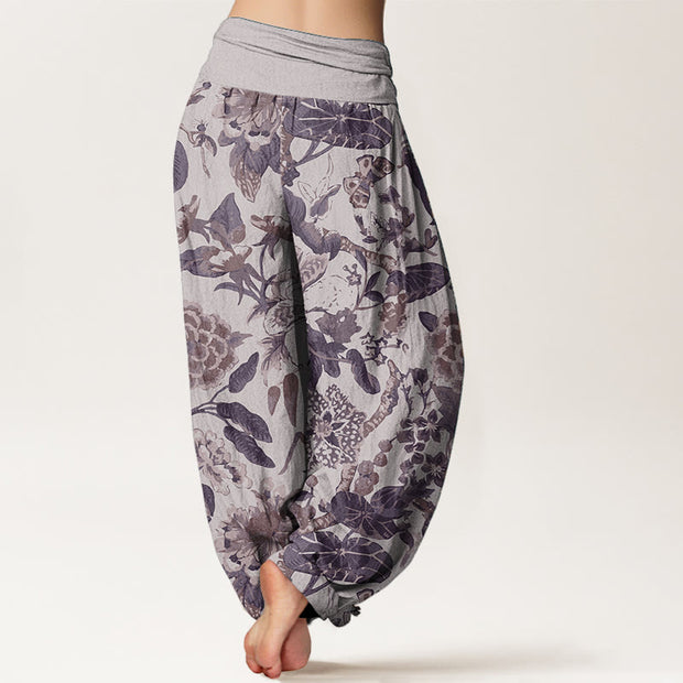 Buddha Stones Pure Cotton Lotus Leaf Peony Pattern Women's Elastic Waist Harem Pants