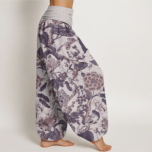 Buddha Stones Pure Cotton Lotus Leaf Peony Pattern Women's Elastic Waist Harem Pants
