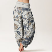 Buddha Stones Pure Cotton Lotus Leaf Peony Pattern Women's Elastic Waist Harem Pants