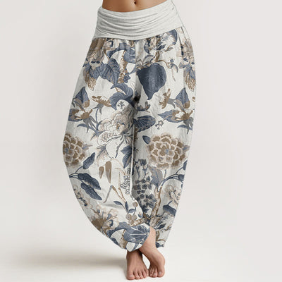 Buddha Stones Pure Cotton Lotus Leaf Peony Pattern Women's Elastic Waist Harem Pants - Ivory - US22，UK/AU26，EU54 (6XL) - image 1
