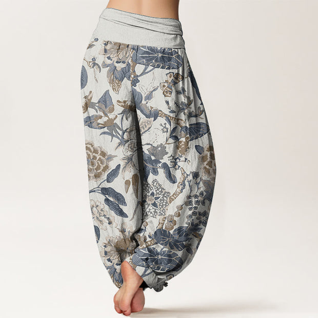 Buddha Stones Pure Cotton Lotus Leaf Peony Pattern Women's Elastic Waist Harem Pants