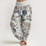 Buddha Stones Pure Cotton Lotus Leaf Peony Pattern Women's Elastic Waist Harem Pants