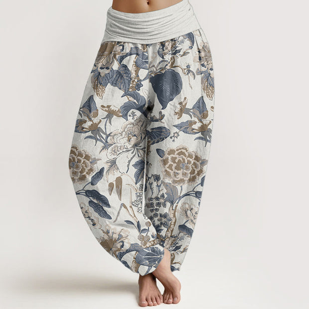 Buddha Stones Pure Cotton Lotus Leaf Peony Pattern Women's Elastic Waist Harem Pants