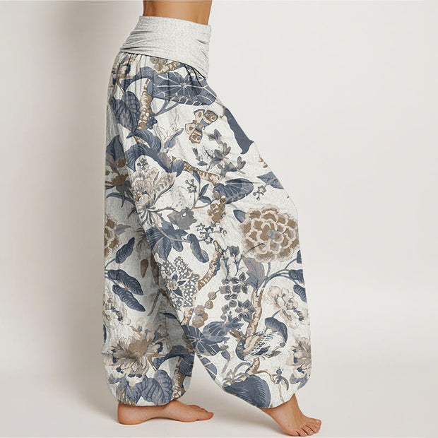 Buddha Stones Pure Cotton Lotus Leaf Peony Pattern Women's Elastic Waist Harem Pants