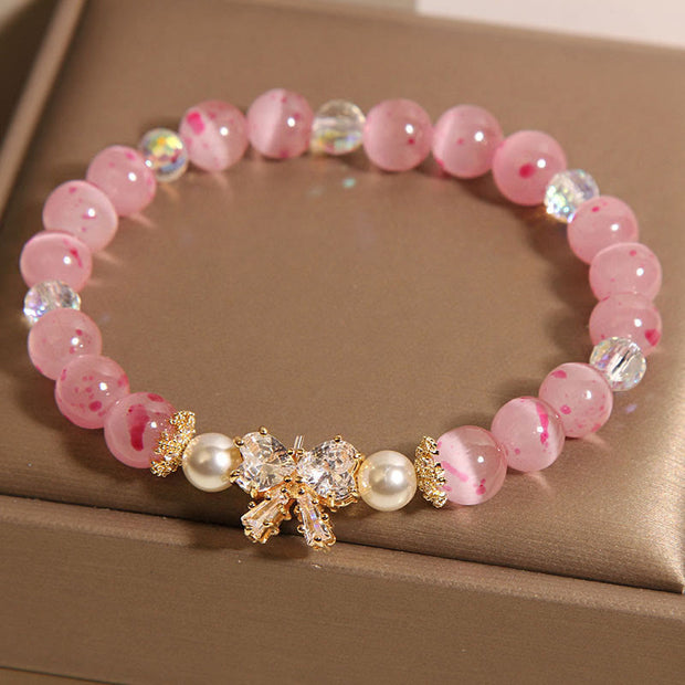 Buddha Stones Cherry Blossom Pink Cat's Eye Pearl Bow-knot Rosette Support Bracelet