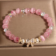 Buddha Stones Cherry Blossom Pink Cat's Eye Pearl Bow-knot Rosette Support Bracelet