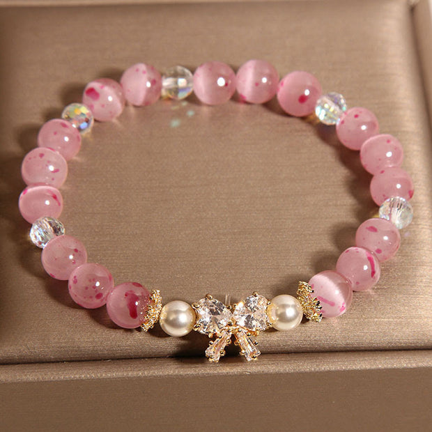 Buddha Stones Cherry Blossom Pink Cat's Eye Pearl Bow-knot Rosette Support Bracelet